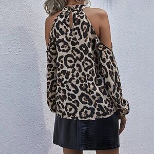 BEBE High Neck Cut Out Shoulder Flowy Leopard Print Blouse